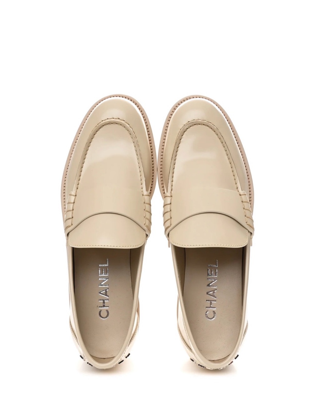 CHANEL Shiny Calfskin Logo Loafers size 41 Beige